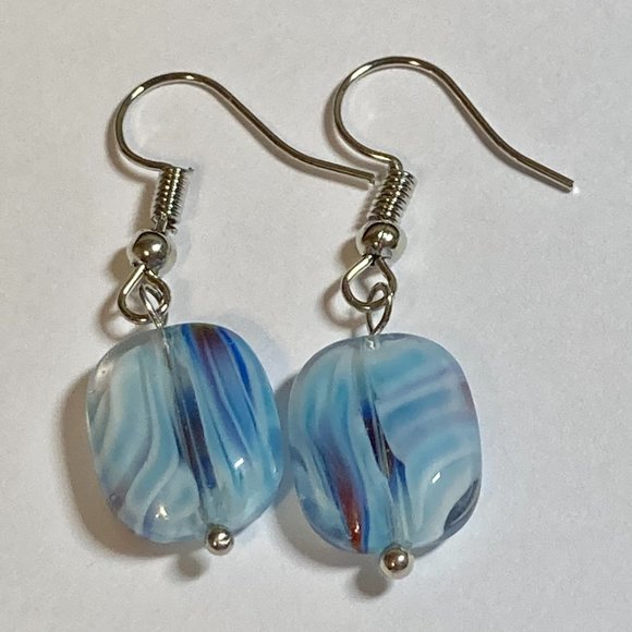 Murano Art Glass Swirl Bead Earrings Rectangle Blue White Silver Plated HandMade - Picture 3 of 7